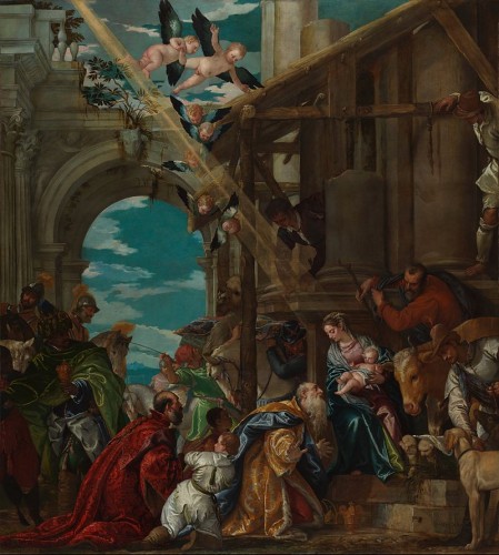 "Восхваление волхвов", 1573 г. Художник Паоло Веронезе. Салюки в правом нижнем углу.